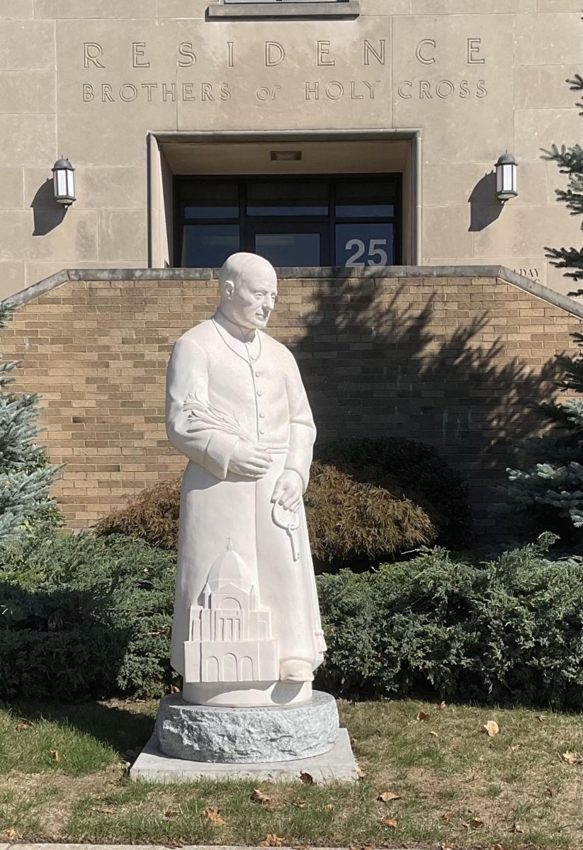 The statue of St. Br. André Bessette stands in front of the admissions office. The statue was gifted to the school by the Congregation of Holy Cross’ Midwest Province, and it will be blessed in a ceremony on Nov. 5 of this year.
PHOTO BY GRIFFEN WAUGH