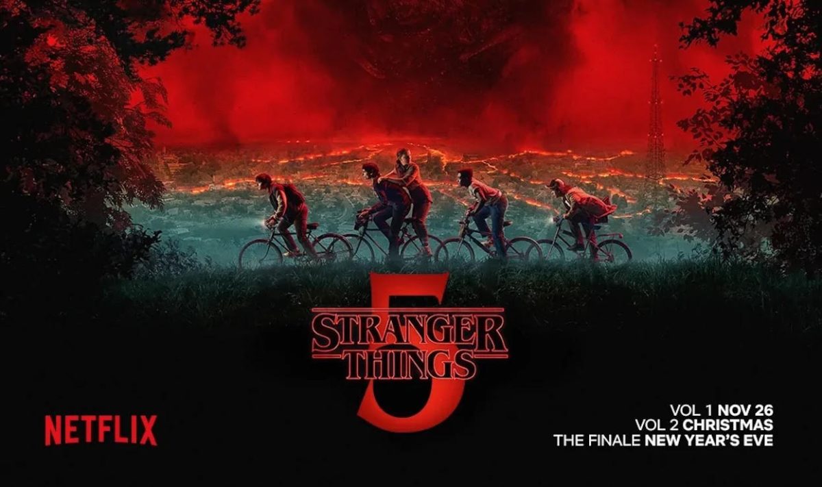 “Stranger Things” cast rides bikes in promotional poster. Fans expect the final season to bring an emotional close to the show, a final confrontation with Vecna, and answers surrounding the mysteries of Hawkins lab and the Upside down.” IMAGE COURTESY OF FANGORIA
