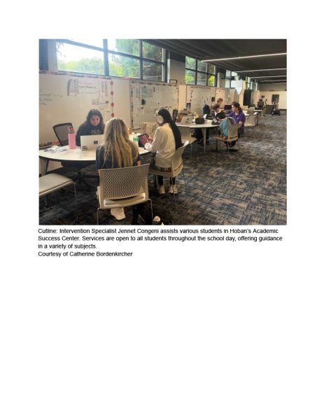 Intervention Specialist Jenna Congeni assists various students in Hoban’s Academic Success Center. Services are open to all students throughout the school day, offering guidance in a variety of subjects. 