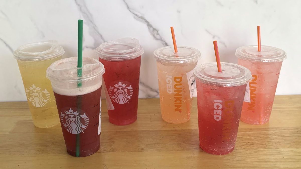 Pictured here are large drinks from Starbucks and Dunkin’. Typically drinks this size cost anywhere from $5 to $9. PHOTO COURTESY OF TASTING TABLE